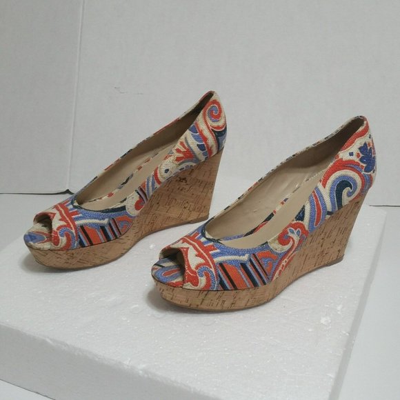 Nine West Women's Cheerful 70 Cork Wedge Peep Toe 7.5M Canvas Stripe Swirl - Picture 2 of 9